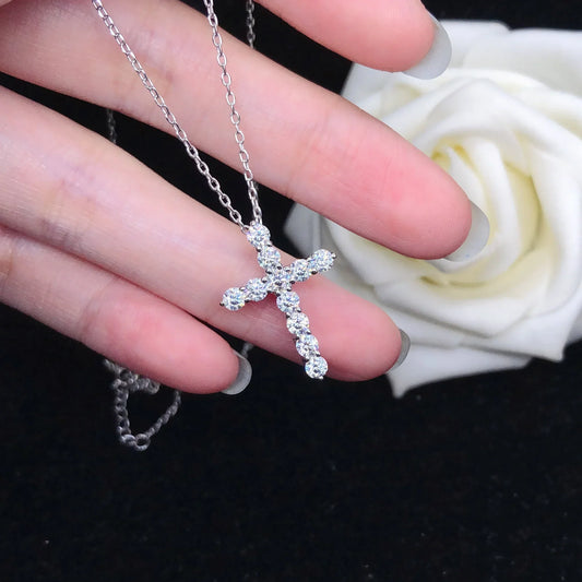 18K AU750 White Gold Cross Pendant D VVS1 Round Cut Moissanite Diamond - Empire P.E