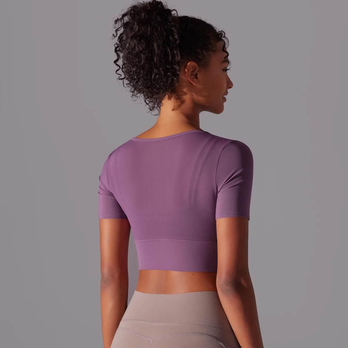 Solid Color Yoga Short Sleeve Sexy Double Layer Yoga Tank Top Spliced Mesh Yoga Clothing Top Fitness Running Sports Bra Women - Empire P.E