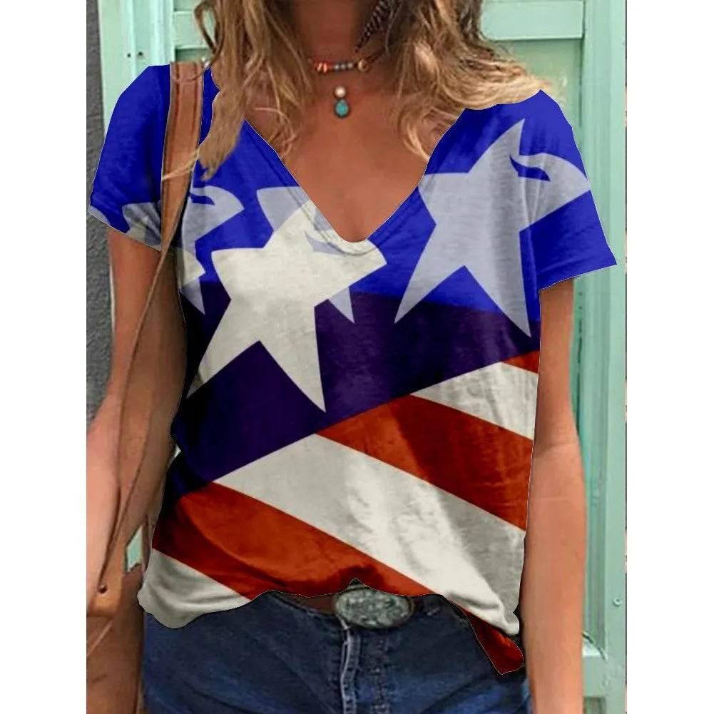 Fashion Women's T Shirt USA Flag Print Harajuku T-shirt Summer 2023 Top Kawaii Tees V Neck Pluse Size American Lady Y2k Clothing - Empire P.E