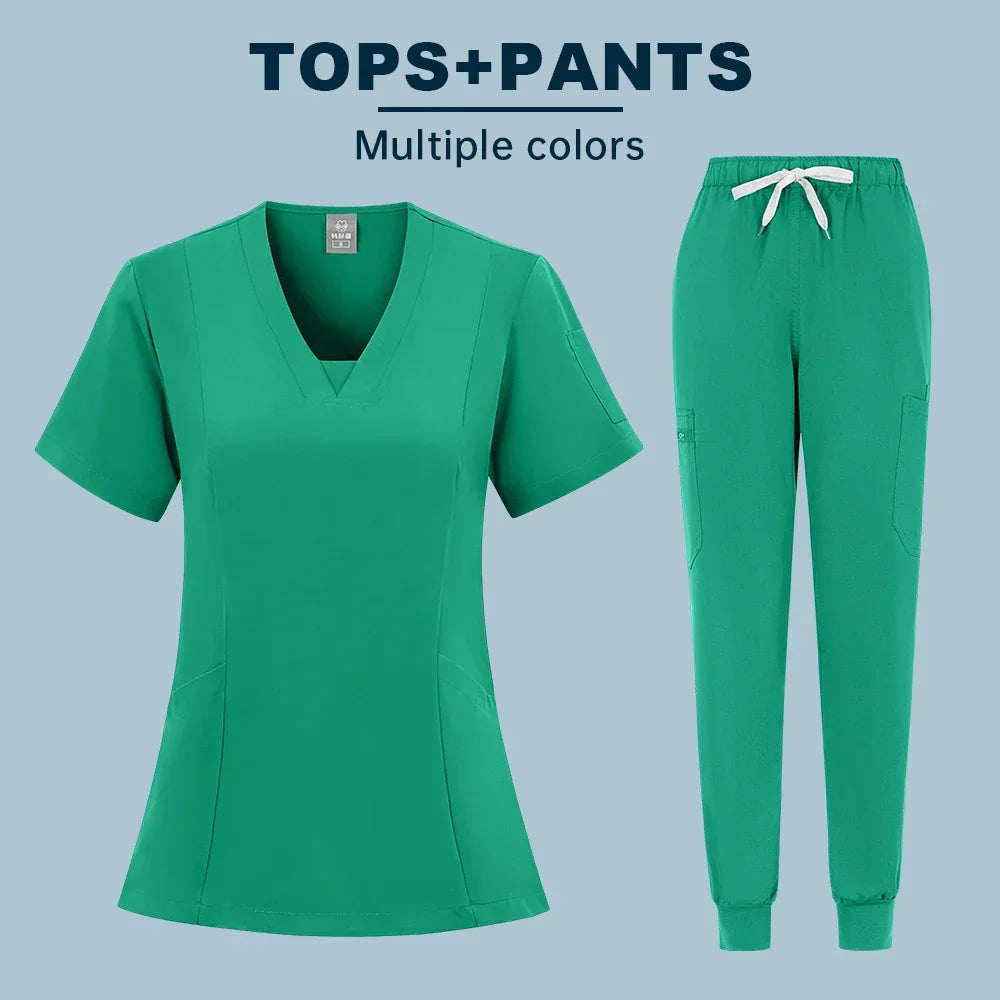 Two-piece Scrubs set Short Sleeve V Neck Pockets Drawstring Jogger Pants - Empire P.E