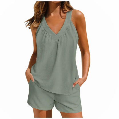 Women'S Summer Casual Suit New Urban Casual Women'S Solid Color Sleeveless Vest Elastic Shorts Home Clothes Two-Piece Set - Empire P.E