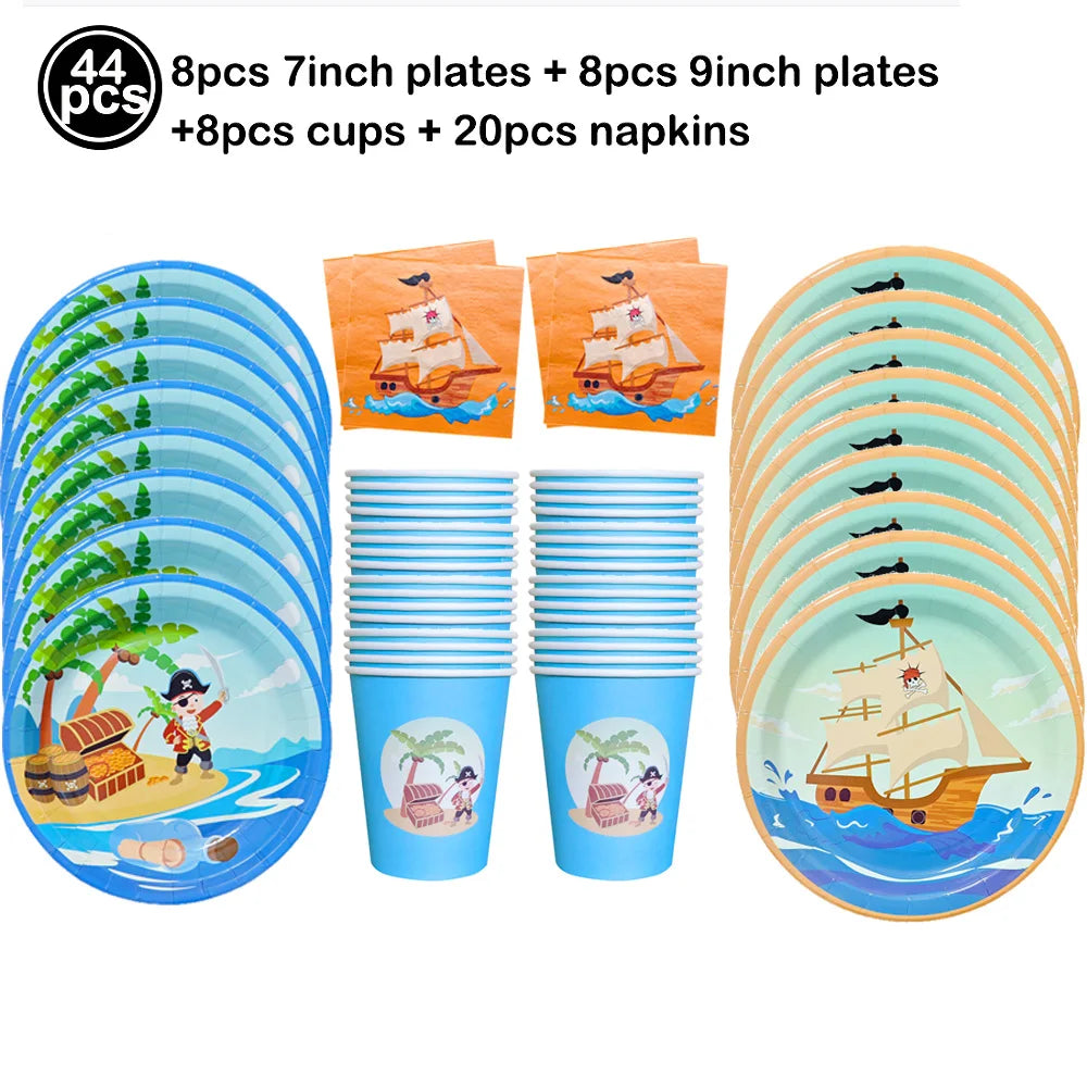 Pirate Party Decorations Dinner Plates Dessert Plates Cups Napkins Pirate Birthday Party Supplies for Kids Boys and Girls Party - Empire P.E