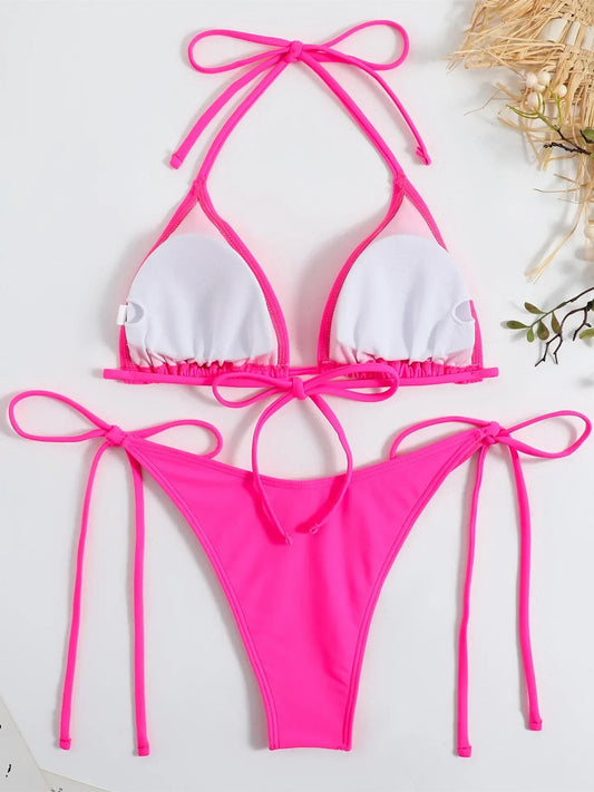 Women Solid Halter Push Up Bra Tie Side Triangle Swimsuit - Empire P.E