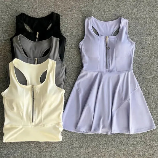 Tennis Skirt Casual Half Zipper Sports Fitness Dress Anti-Running High Waist Slim Golf Yoga Dress - Empire P.E