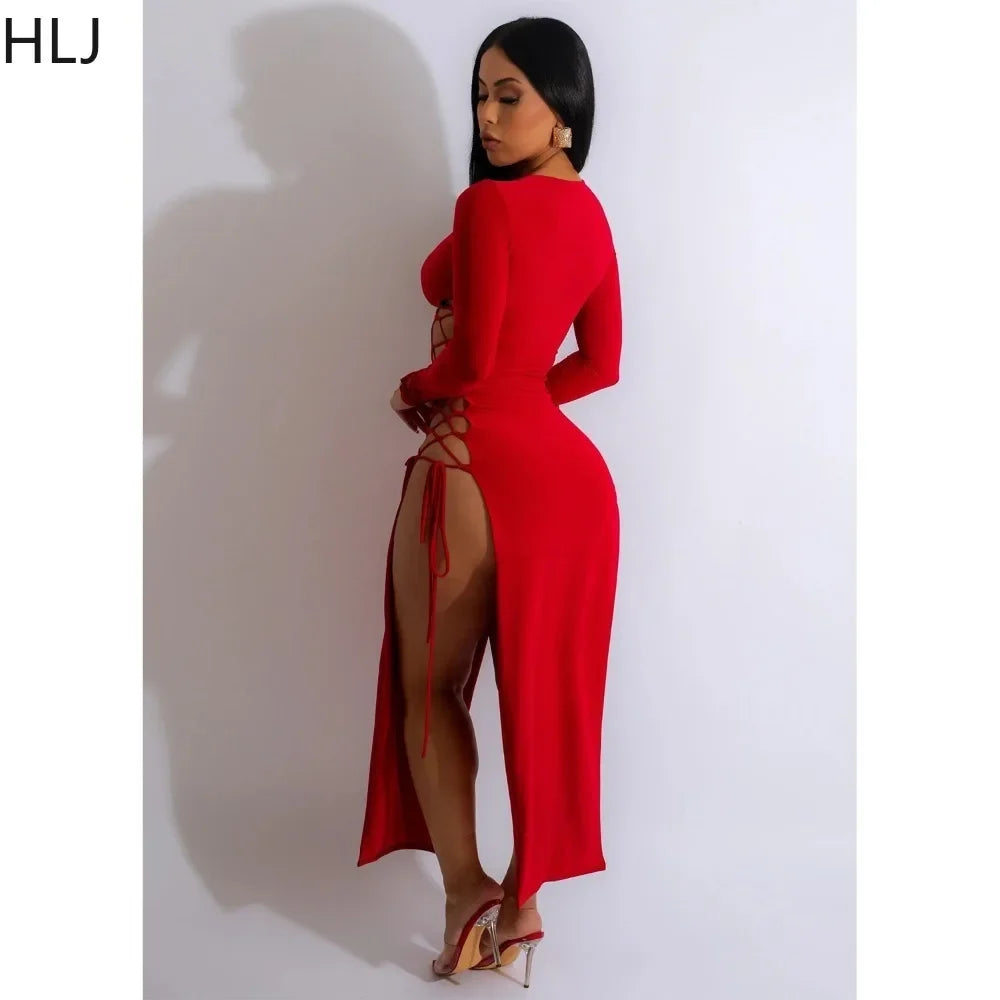 HLJ Sexy Solid Hollow Out Bandage Slit Bodycon Mid Dresses