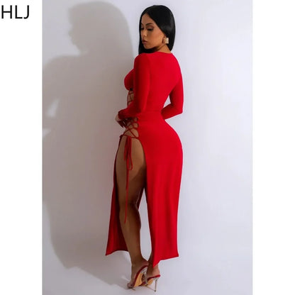 HLJ Sexy Solid Hollow Out Bandage Slit Bodycon Mid Dresses