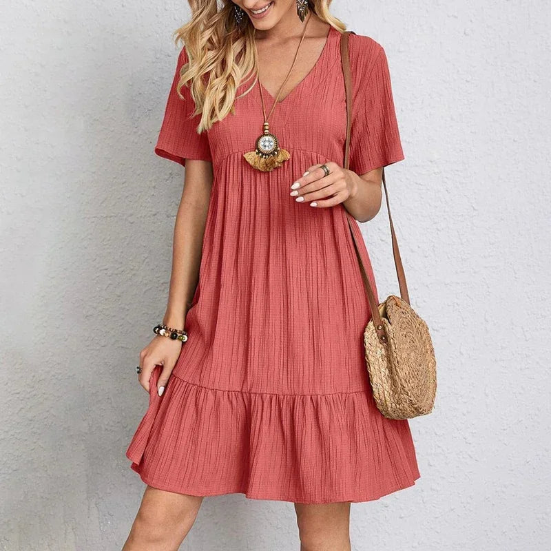 2025 Loose V-neck Short Sleeved Women Dress Solid Color - Empire P.E