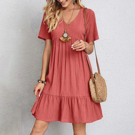 2025 Loose V-neck Short Sleeved Women Dress Solid Color - Empire P.E