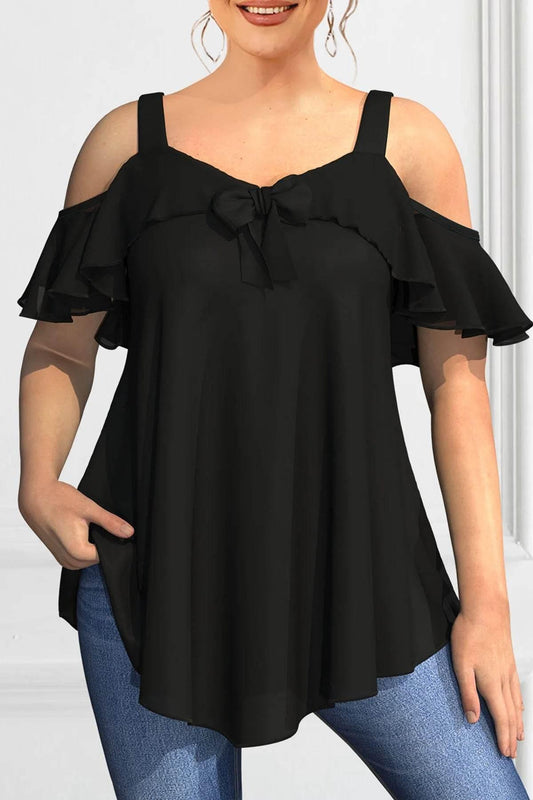 Plus Size Blouse for Women Elegant Cold Shoulder Shirt Ruffles Tops Tee Loose Fit Solid Color Top Blusas Para Mujer 0XL-5XL - Empire P.E