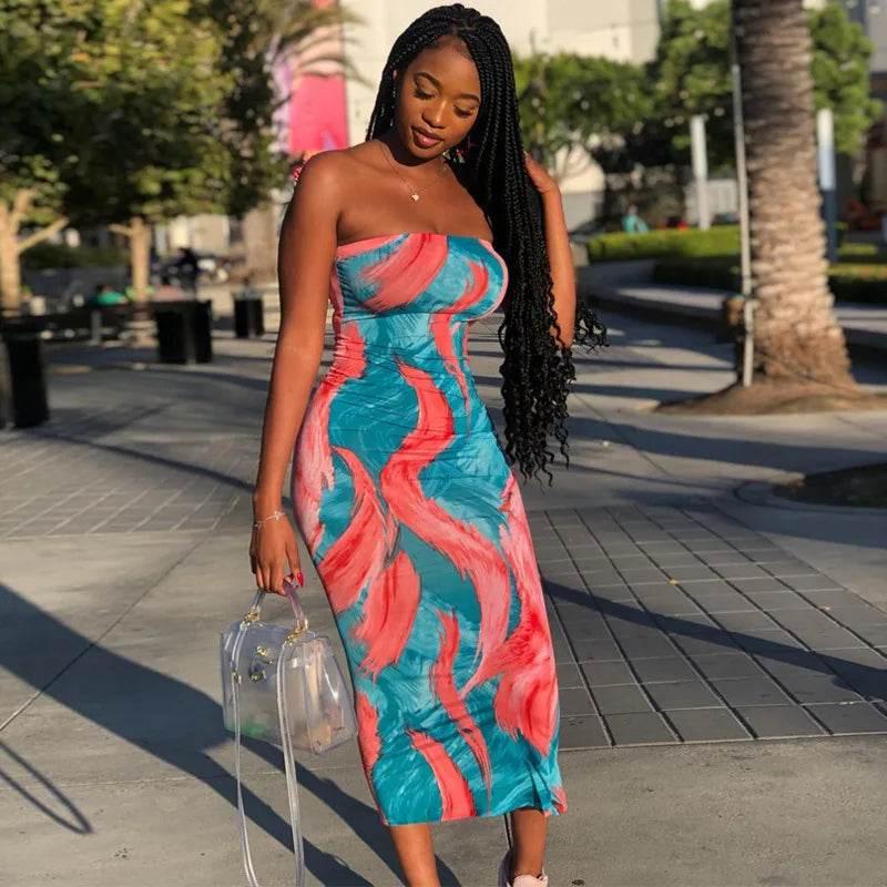 Spring And Summer Dresses For Women Chest Wrap Printed Off Shoulder Bandage Slim Sexy Long Dress 2023 New Fashion party MsChuh - Empire P.E
