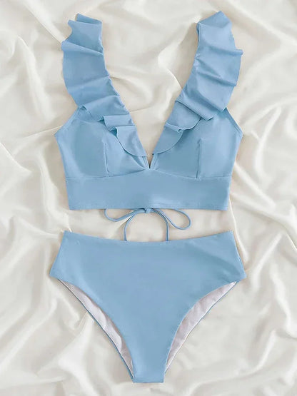 Riseado High Waist Bikinis Set Ruffle Shoulder Sexy Plunging Swimwear Women Bathing Suit Summer Beachwear - Empire P.E