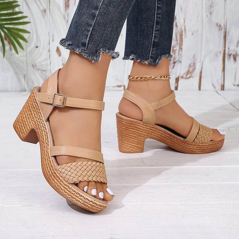 Lucyever Braided High Heels Sandals Women 2025 Summer Pu Leather Platform Gladiator Shoes Woman Ankle Buckle Thick Heel Sandles - Empire P.E