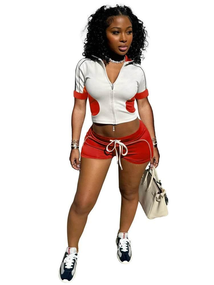 Women Sets Outfit Summer Streetwear Panelled Two Tone Slim Sports Short Sleeve Shorts Suits Zip Crop Tops Casual 2 Two Piece Set - Empire P.E