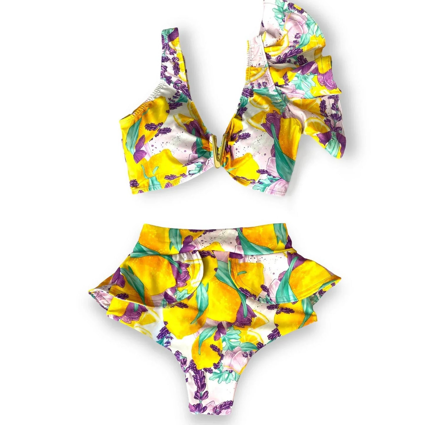 Two-Pieces Women Floral 2025 Push-Up Padded Bra Ruffles Bandage Bikini Set