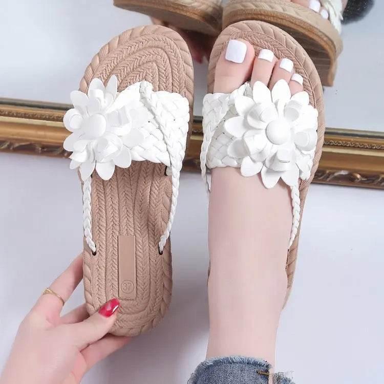 Slippers Women Ombre Floral Pattern Braided Casual Shoes Vacation Flat Holographic Braided Floral Pattern Toe Beach Flip Flops - Empire P.E