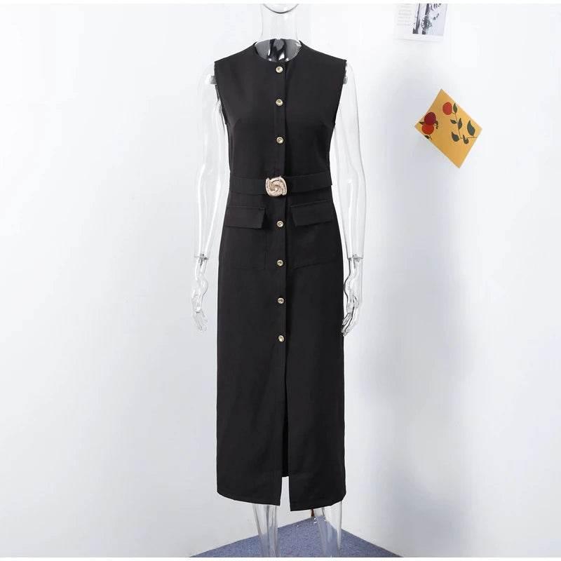 Black Long Dress Women With Belt Elegant Slim Single Breasted Sleeveless Front Split Dresses Female 2025 New Summer Lady Vestido - Empire P.E
