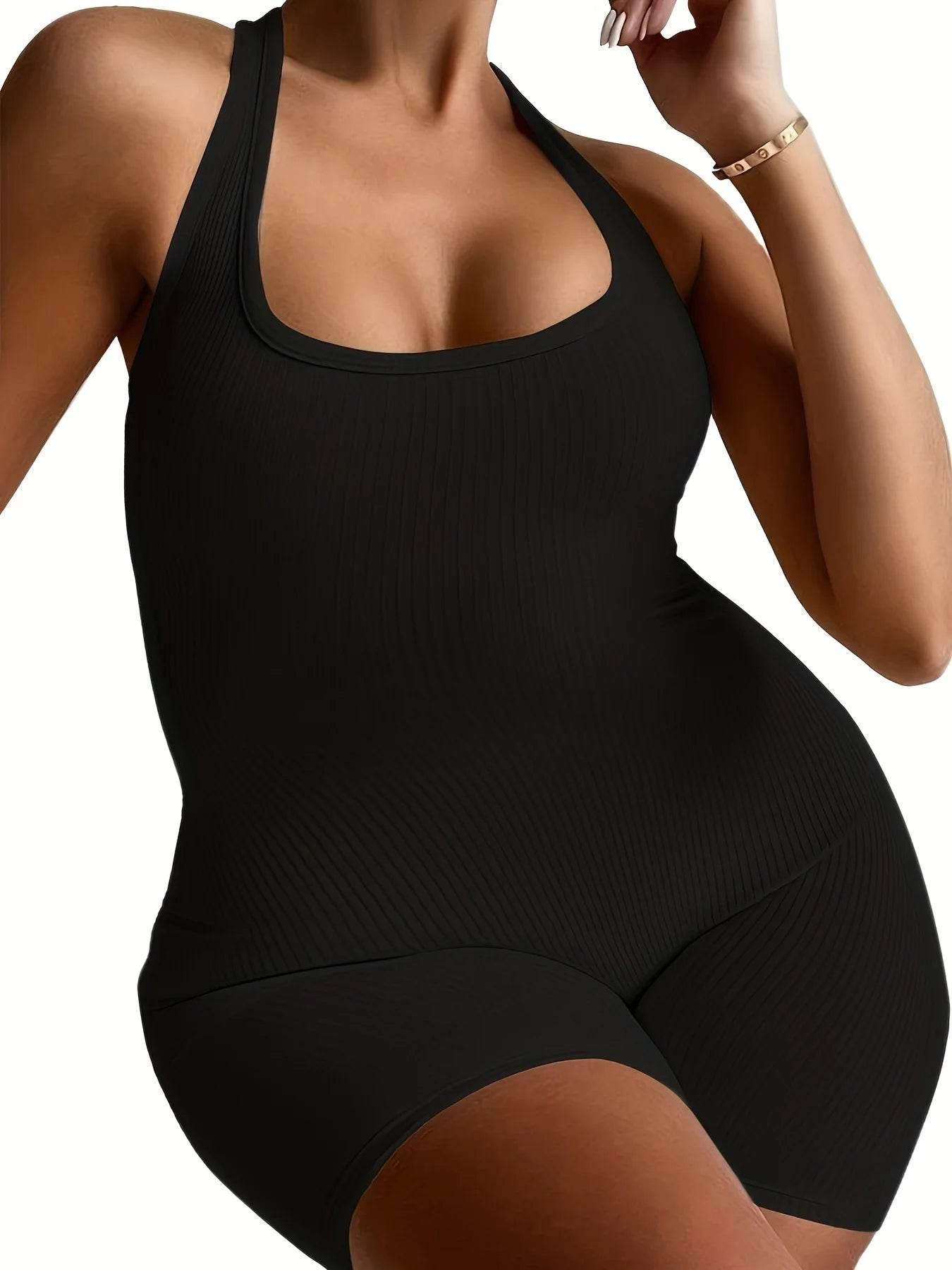 Plus Size Fashion Black Halter Jumpsuit, Women's Solid Color Sexy Body-Con Black Clothes - Empire P.E
