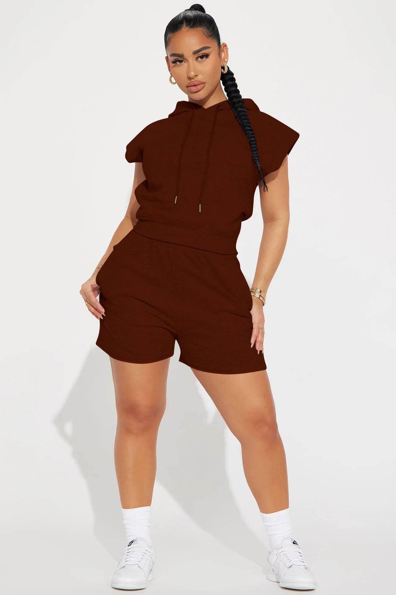 Summer 2024 Women's New Sexy Sleeveless Fashion Casual Sports Short Sleeved Hooded 3/4 Shorts Two Piece Set For Women - Empire P.E
