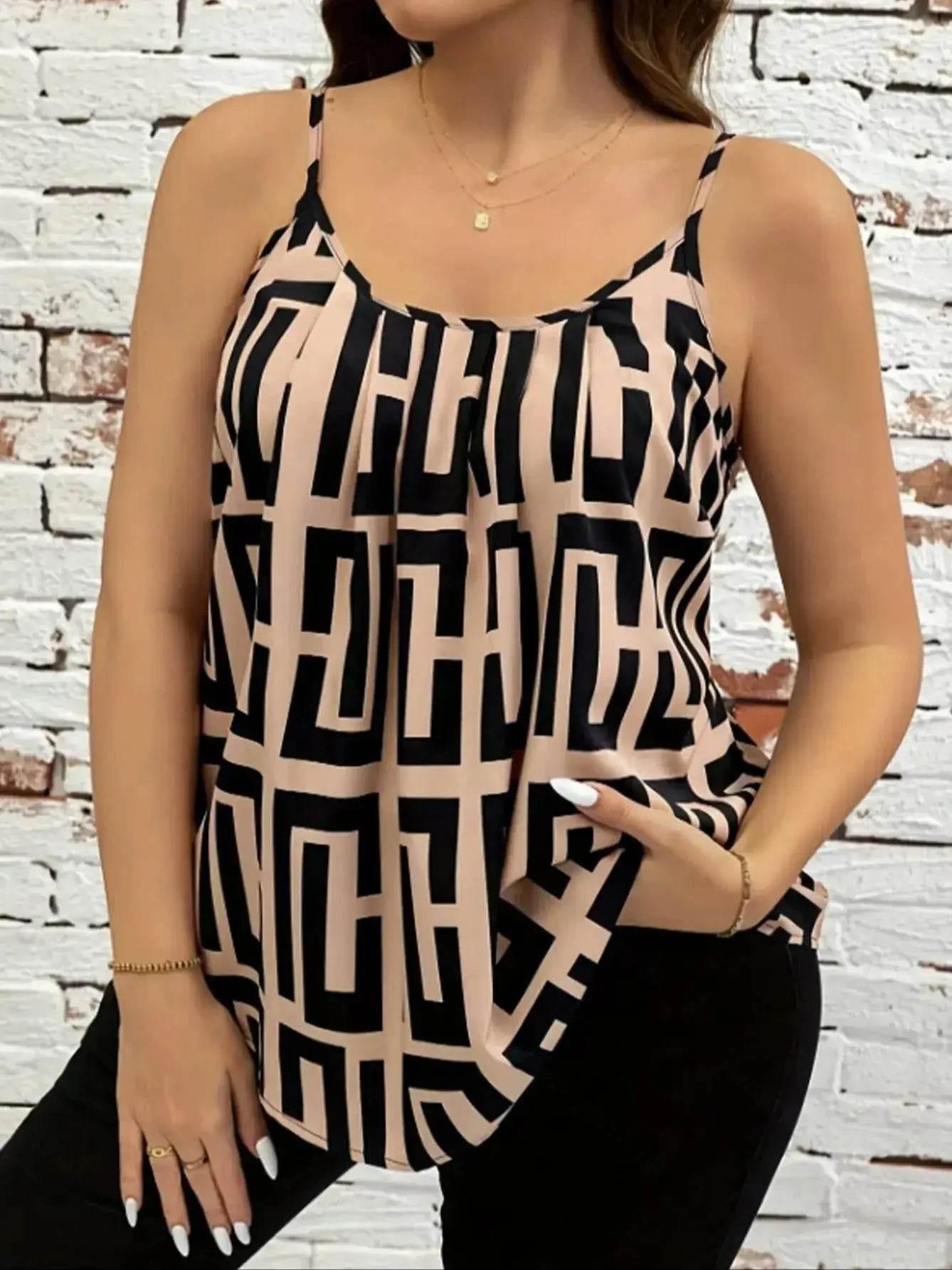 Plus size women's clothing elegant and fashionable contrast printed suspender tops spring, summer and autumn style - Empire P.E