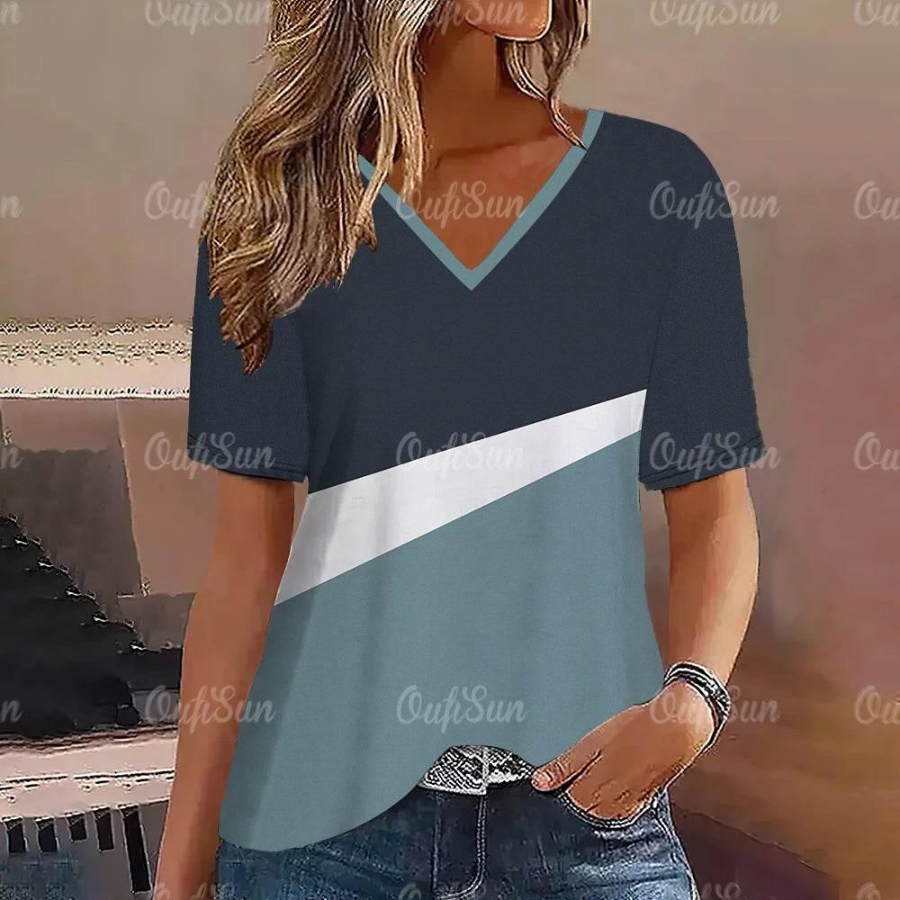 Women's T-Shirt Summer Stripe Short Sleeve Tee Shirt Fashion Blue V-Neck Female Clothing Casual New T-Shirt for Women Pullover - Empire P.E