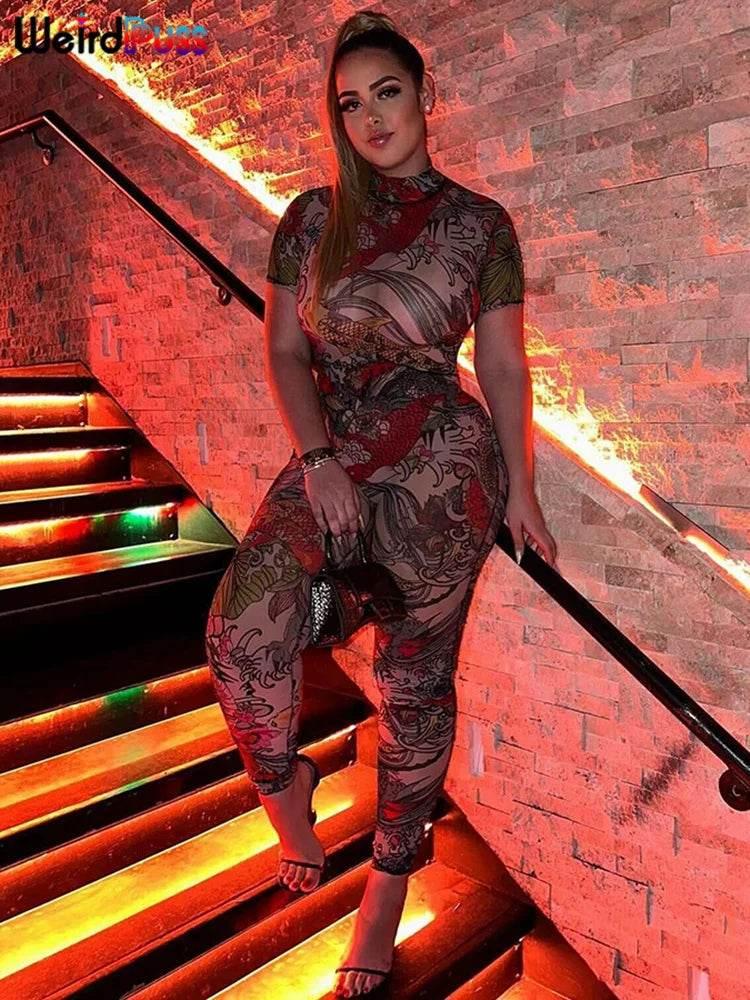 Weird Puss See Through Jumpsuit Women Backless Dragon Print Short Sleeve Fitness Activity Workout Overalls Slim Stretch Clubwear - Empire P.E