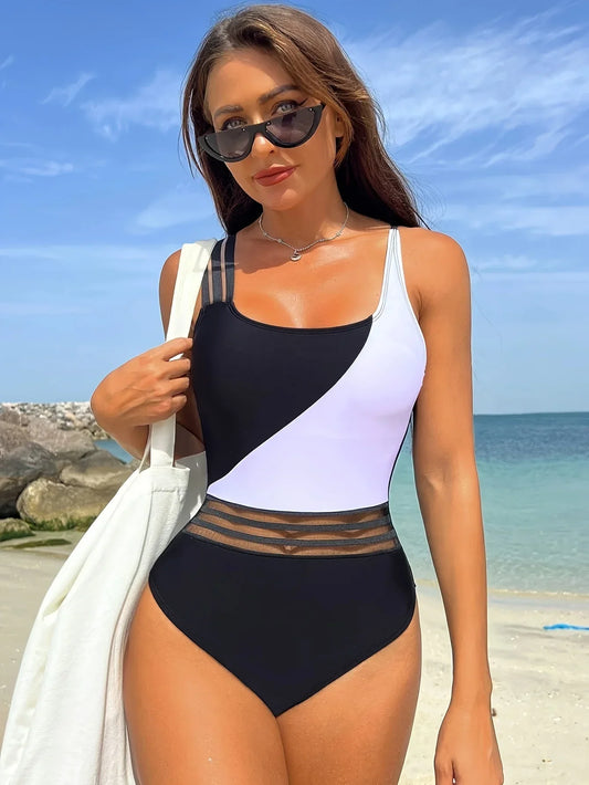 Women's one-piece swimsuit with high elasticity mesh fabric