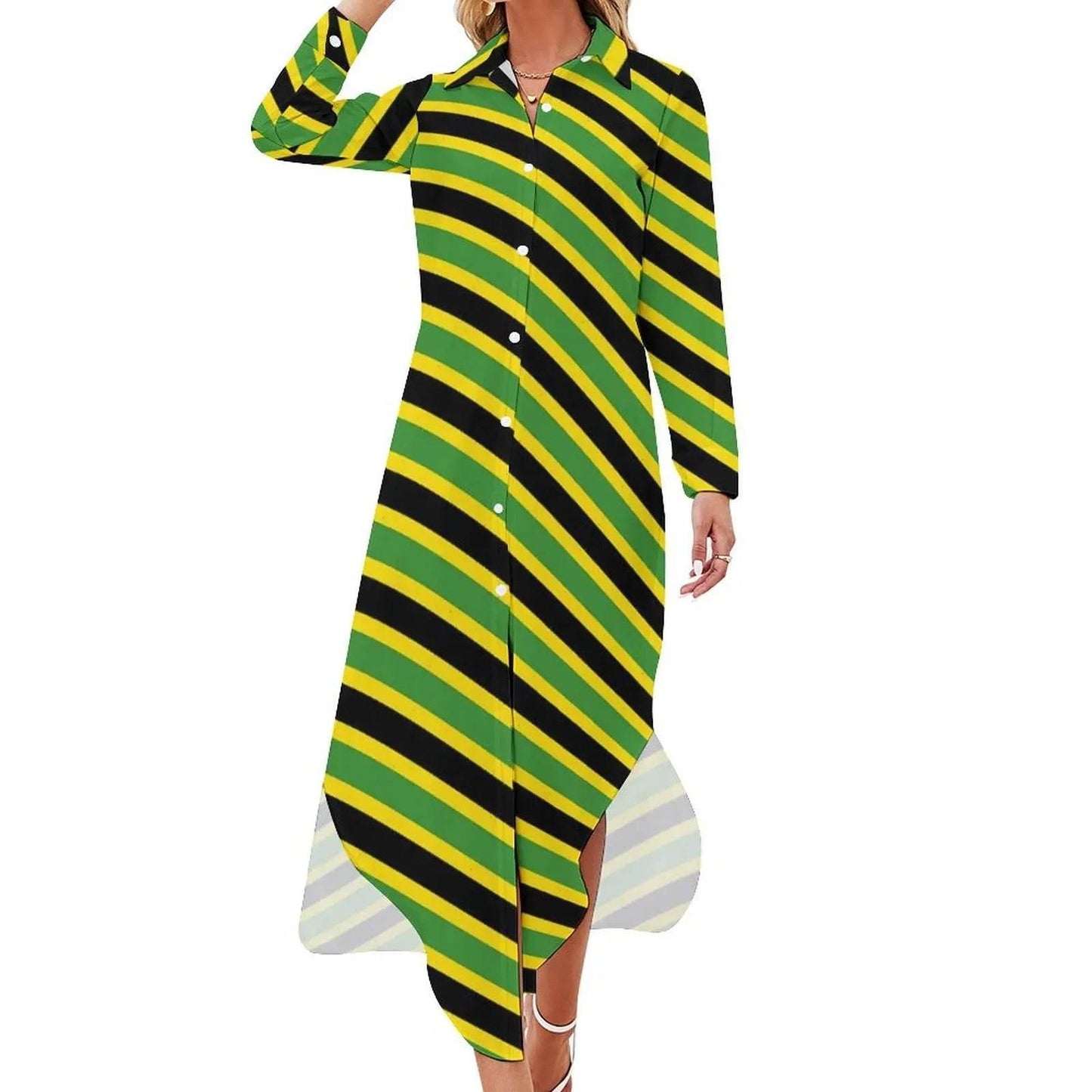Patriotic Jamaica Flag Chiffon Dress Sexy V Neck Green Yellow Pretty Dresses Ladies Street Wear Casual Dress Gift - Empire P.E