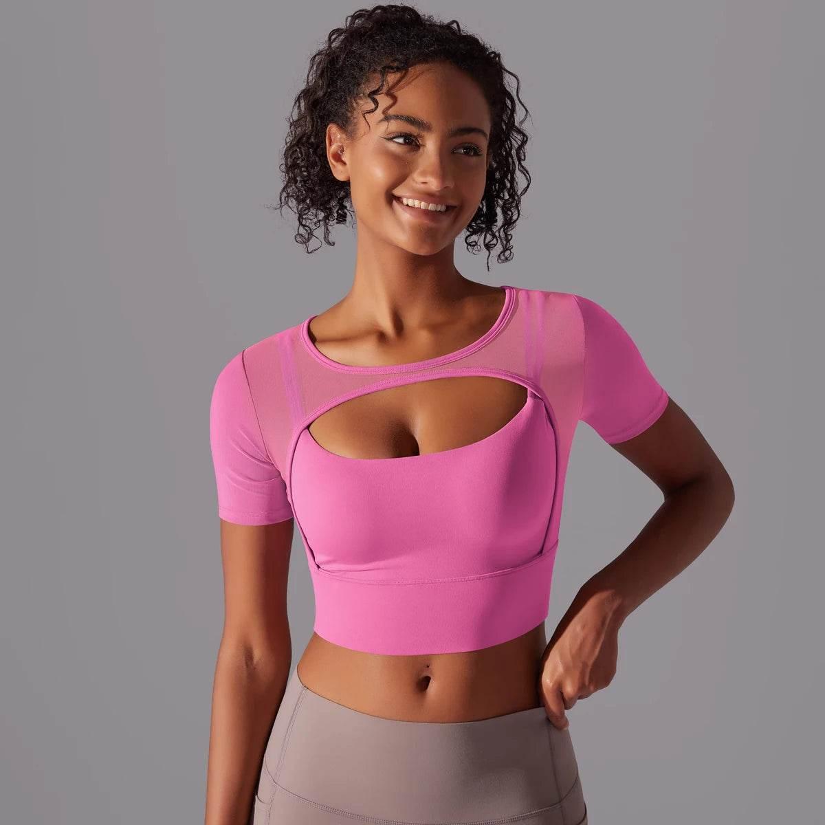 Solid Color Yoga Short Sleeve Sexy Double Layer Yoga Tank Top Spliced Mesh Yoga Clothing Top Fitness Running Sports Bra Women - Empire P.E