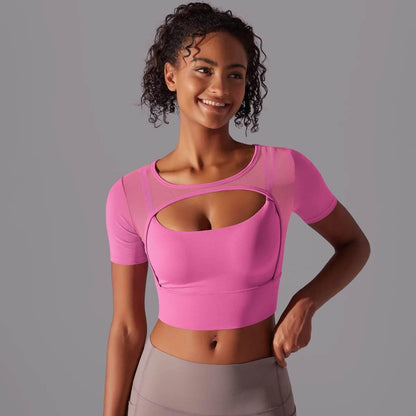 Solid Color Yoga Short Sleeve Sexy Double Layer Yoga Tank Top Spliced Mesh Yoga Clothing Top Fitness Running Sports Bra Women - Empire P.E