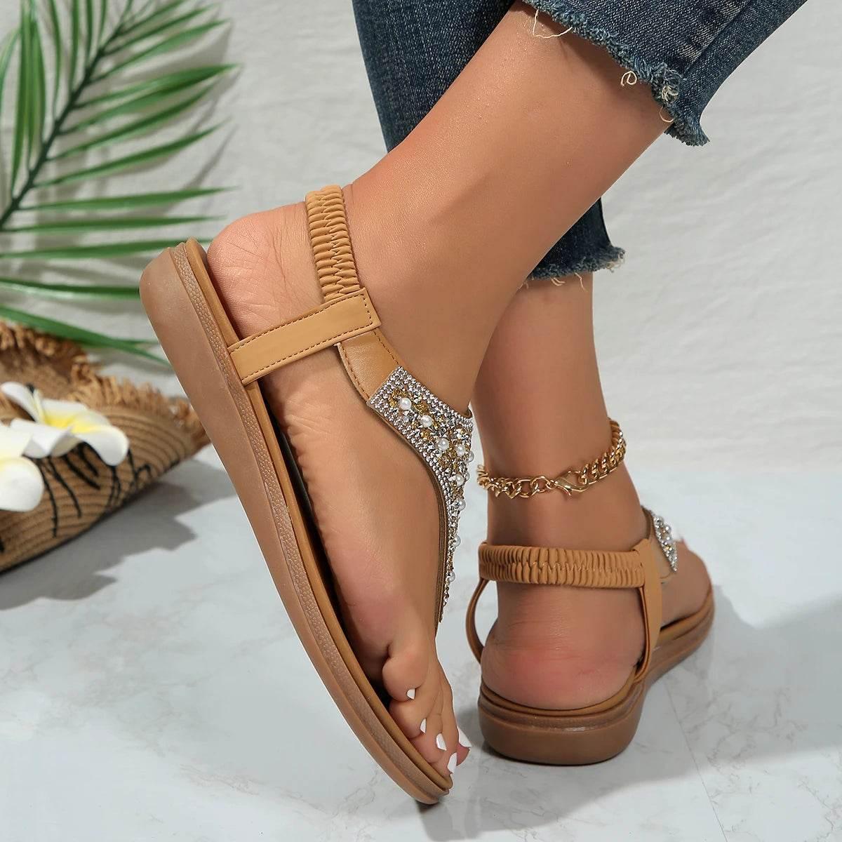 Clip Toe Bohemian Style Sandals for Women Fashion Mix Color Pearl Rome Sandals Woman 2024 New Flat with Non-Slip Beach Shoes - Empire P.E