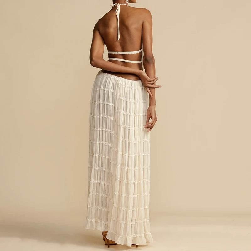 Women Boho Sexy Backless Matching Suit 2 Piece Beach Holiday Outfits Vintage Ruched Halter Cami Tops + Maxi Long Skirt Party - Empire P.E