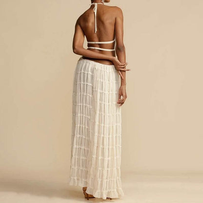 Women Boho Sexy Backless Matching Suit 2 Piece Beach Holiday Outfits Vintage Ruched Halter Cami Tops + Maxi Long Skirt Party - Empire P.E