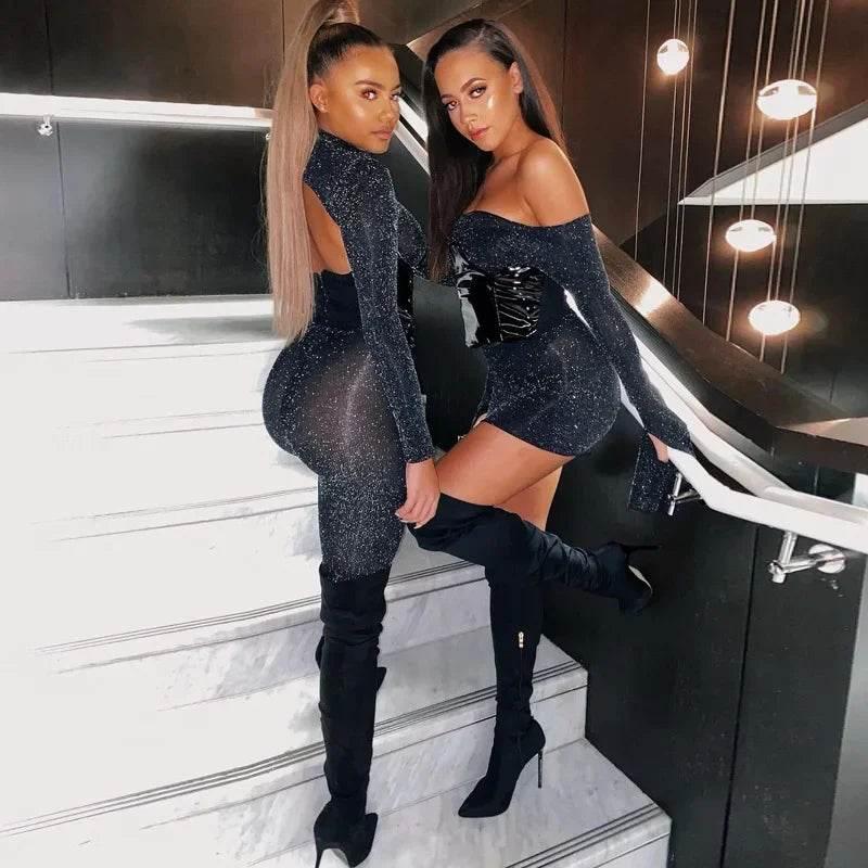 Sequins Silk Jumpsuits With Headwear 2024 Autumn Women Sexy Turtleneck Backless Long Sleeve Skinny Overalls Party Club Rompers - Empire P.E
