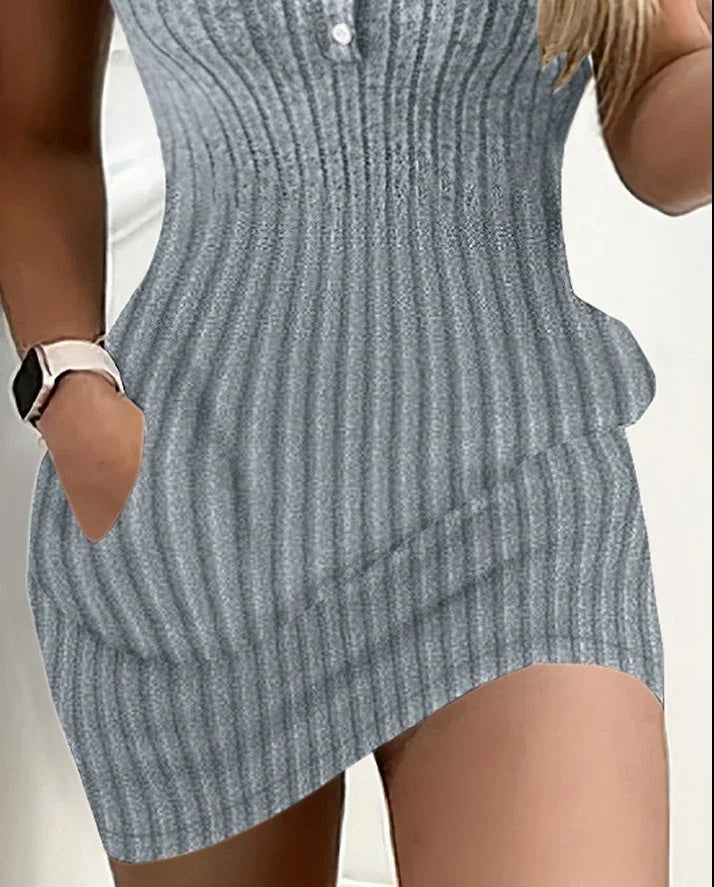 Solid color ribbed pocket design tight fitting dress - Empire P.E