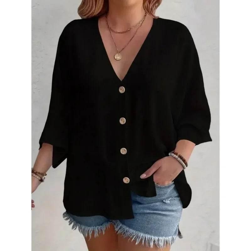 Women's Plus-size T-shirt Solid Color Breathable Spring/summer V-neck Button Travel Casual Wear with European and American Style - Empire P.E