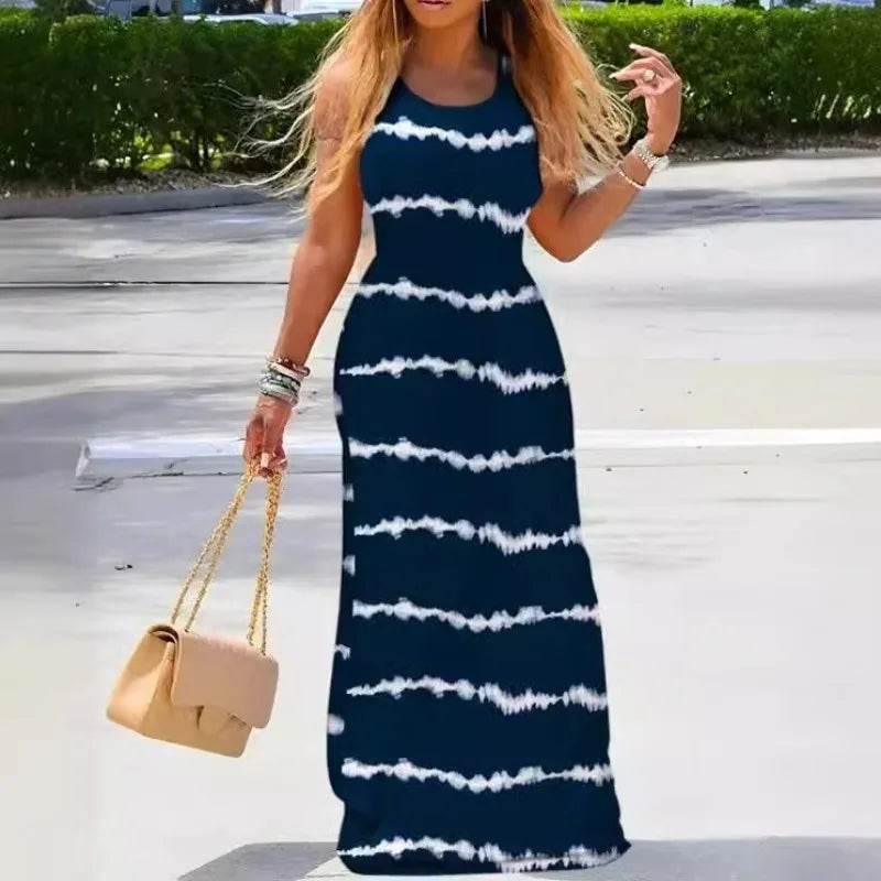 Women New Dress Denim Look Print U-Neck Maxi Dress Leisure Slit Slim Design Long Dress Fashion Solid Color Street Robe Dresses - Empire P.E