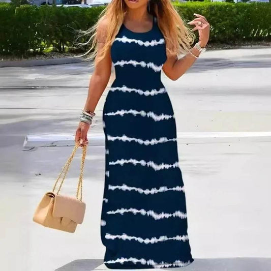Women New Dress Denim Look Print U-Neck Maxi Dress Leisure Slit Slim Design Long Dress Fashion Solid Color Street Robe Dresses - Empire P.E