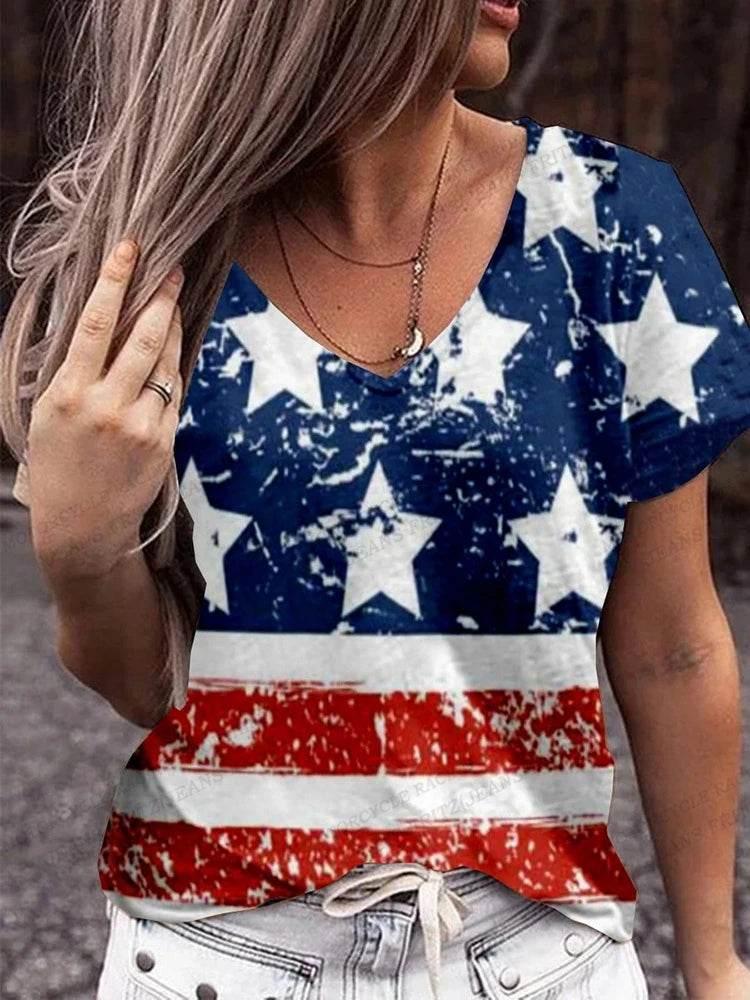 American Flag 3d Print T-shirt Women Fashion V-Neck T-shirts Short Sleeve Tops Tees Loose Casual Tees Vintage Camisetas USA Flag - Empire P.E