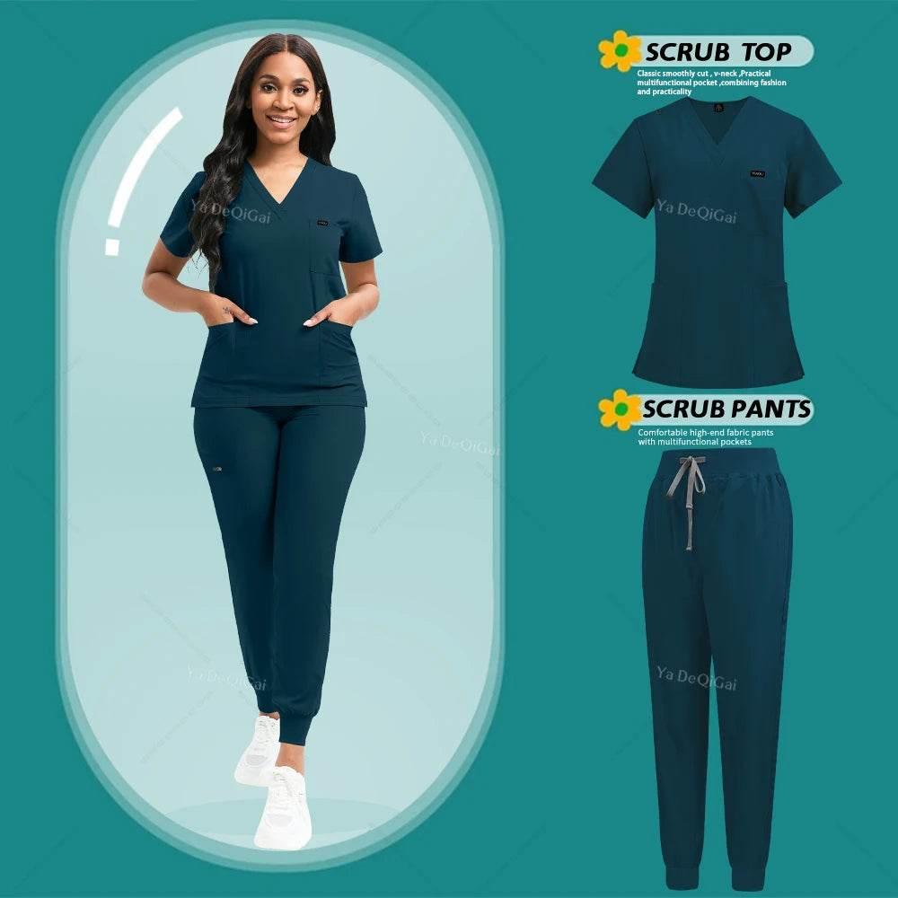 Stretch Scrubs Women Set Nursing Uniforms Clinical Scrubs Set Nurse Doctor Dustproof Workwear Medical Scrubs Top+ Jogger Pants - Empire P.E