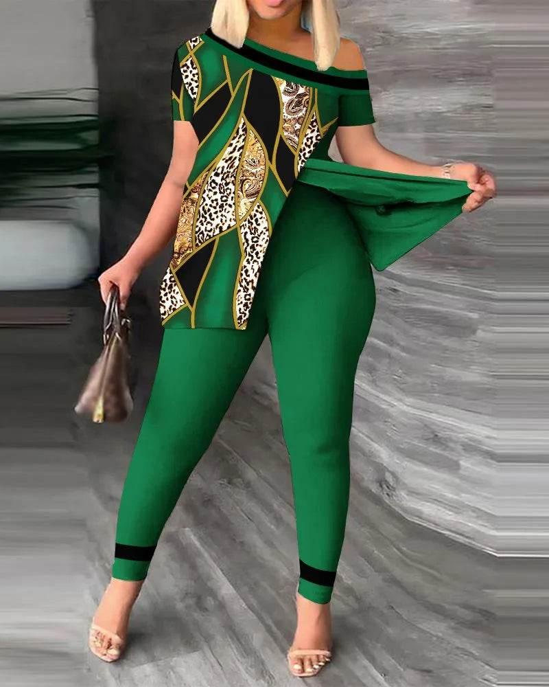 Elegant Women Two Piece Set Suits New Fashion Printed Ruffle Sleeve Top Solid Color Pants Set With Belt Blouses Female Clothing - Empire P.E