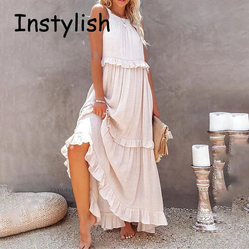 Women Casual Solid Ruffles Long Dress - Empire P.E