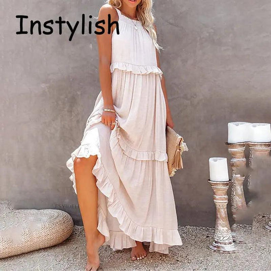 Women Casual Solid Ruffles Long Dress - Empire P.E