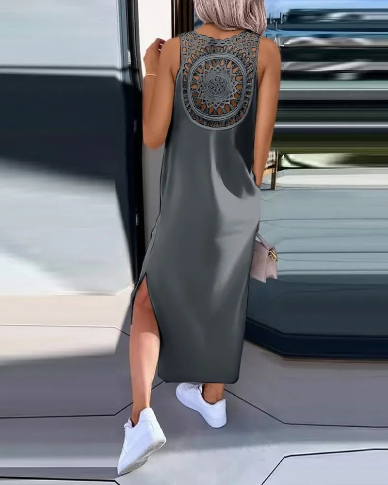 Hollow Out Solid Long Dress Women Fashion Sleeveless - Empire P.E