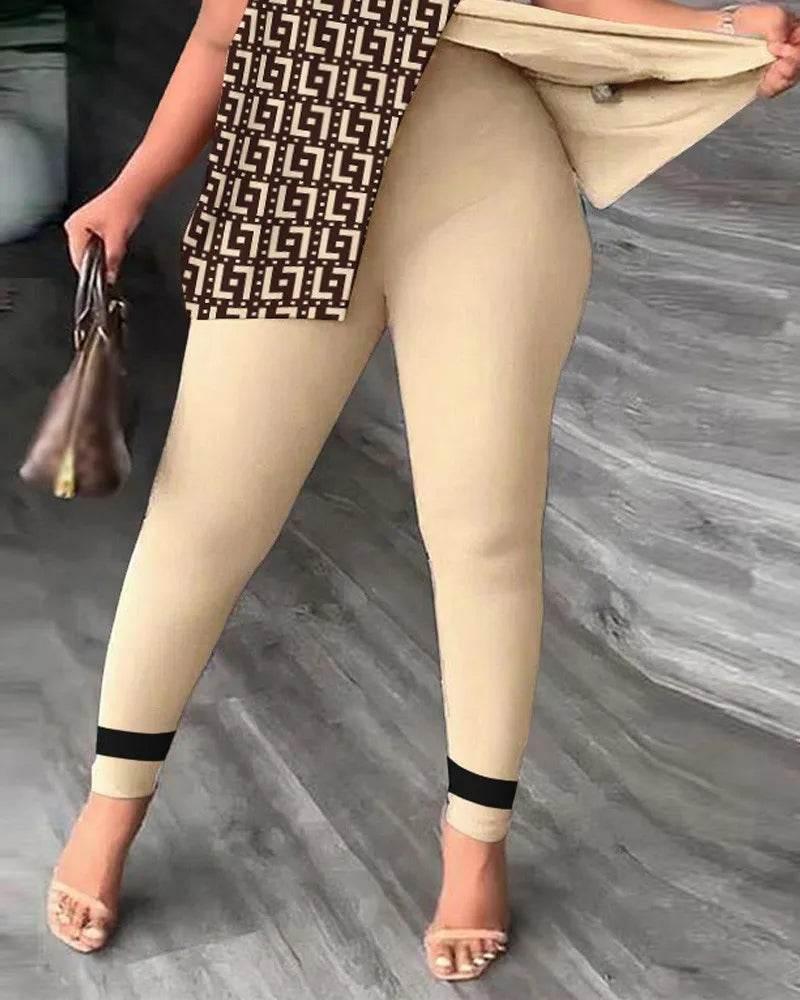 Elegant Women Two Piece Set Suits New Fashion Printed Ruffle Sleeve Top Solid Color Pants Set With Belt Blouses Female Clothing - Empire P.E