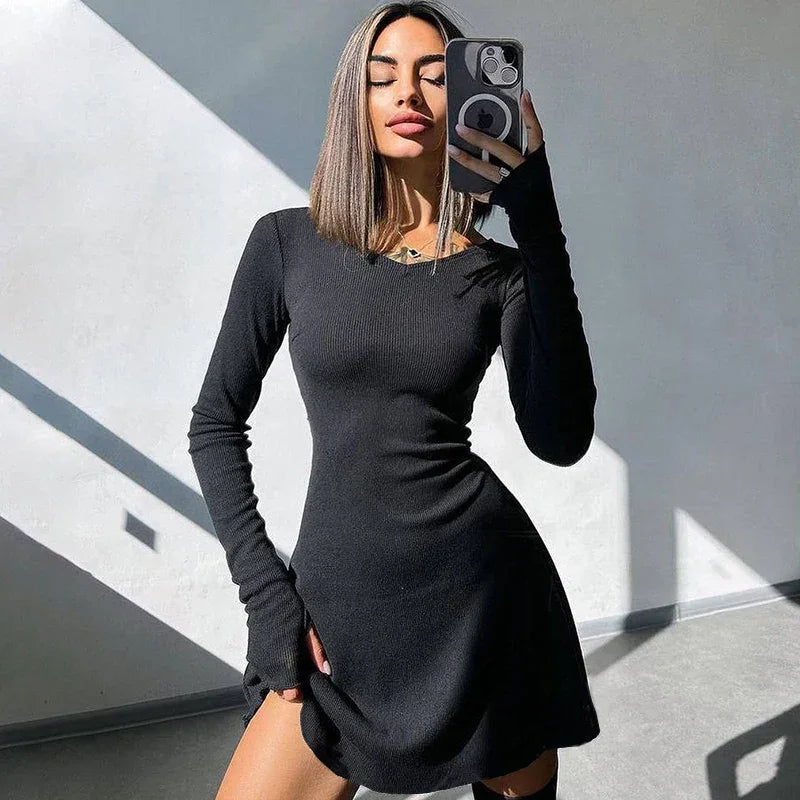 Elegant And Pretty Women Dresses Autumn Winter New Black Sexy Short Dress Female V Neck Long Sleeve Slim Solid Color Mini Dress - Empire P.E