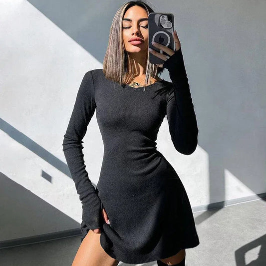 Elegant And Pretty Women Dresses Autumn Winter New Black Sexy Short Dress Female V Neck Long Sleeve Slim Solid Color Mini Dress - Empire P.E