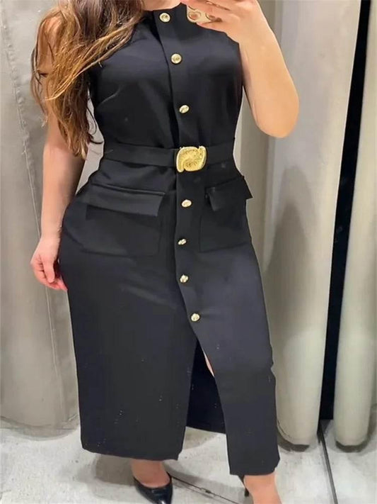 Black Long Dress Women With Belt Elegant Slim Single Breasted Sleeveless Front Split Dresses Female 2025 New Summer Lady Vestido - Empire P.E