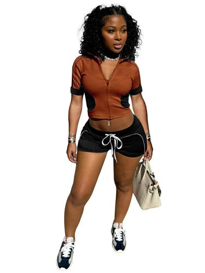 Women Sets Outfit Summer Streetwear Panelled Two Tone Slim Sports Short Sleeve Shorts Suits Zip Crop Tops Casual 2 Two Piece Set - Empire P.E