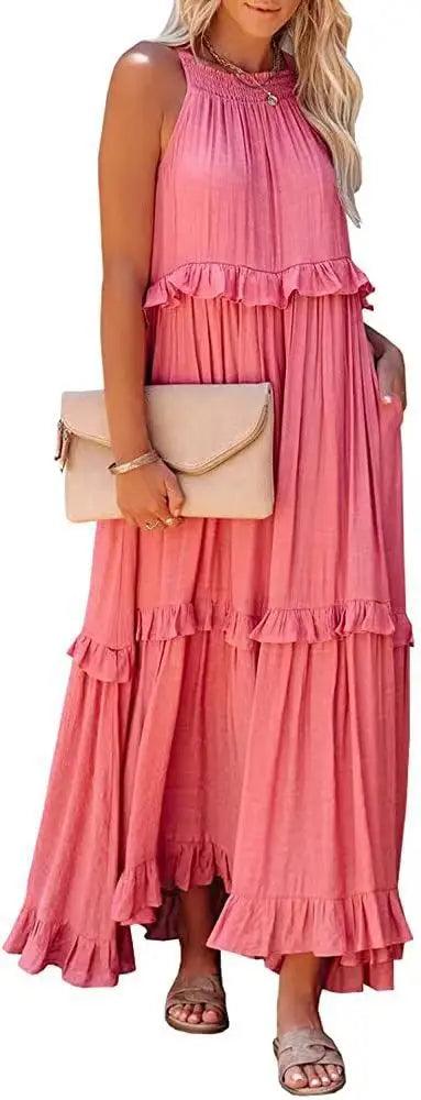 Women Casual Solid Ruffles Long Dress - Empire P.E