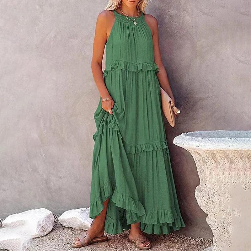 Women Casual Solid Ruffles Long Dress - Empire P.E